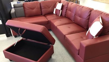 Brand New Red Leather Sectional With Storage Ottoman & 2 Decorative Pillows