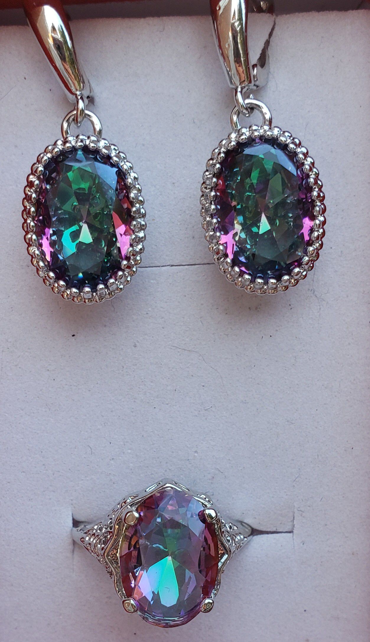 Sterling silver mystic topaz ring and earrings