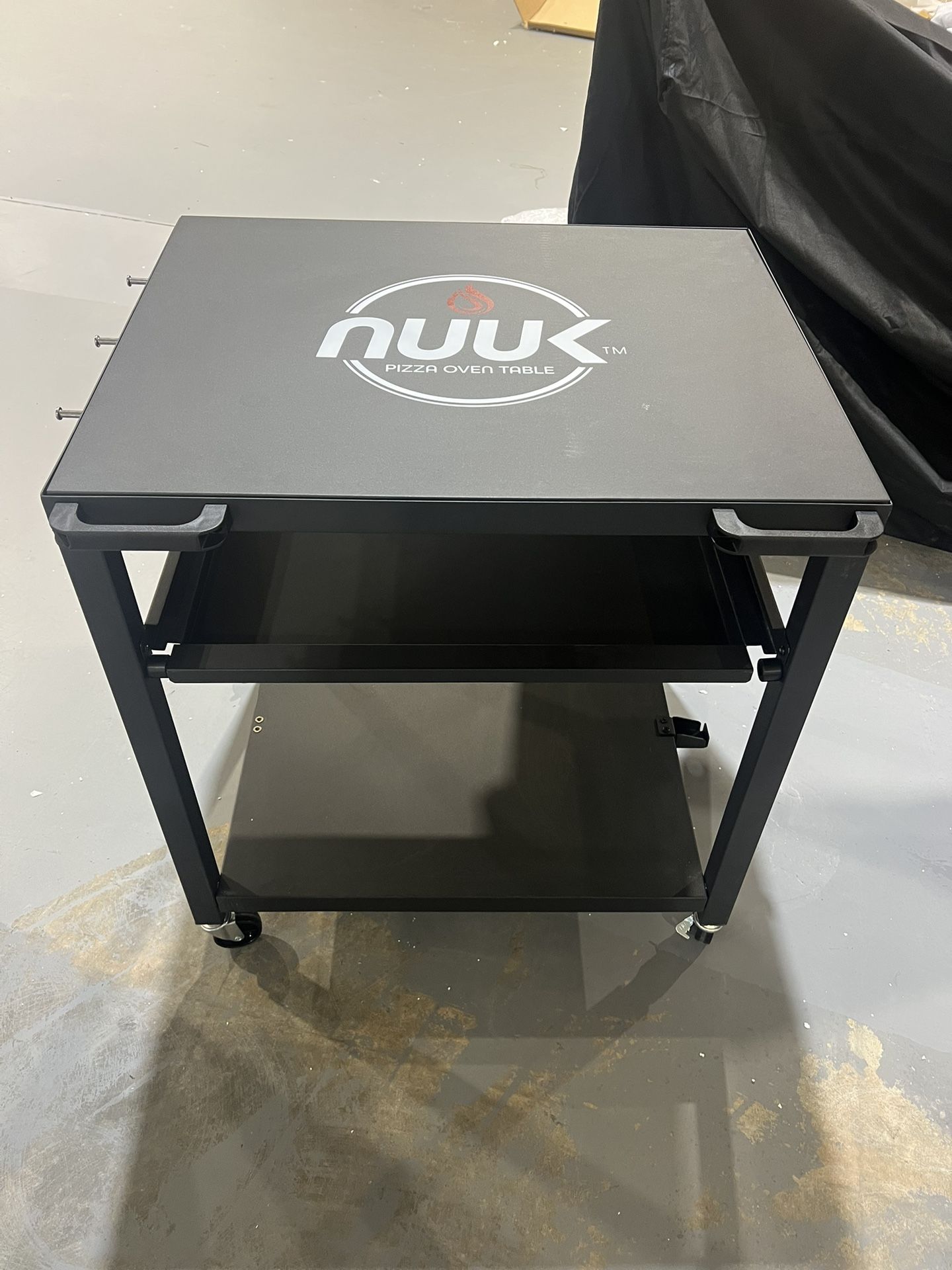 New NUUK Outdoor Grill Prep Table 24"x30" Metal Grill Cart Outside 3-Layer Pizza Oven Table Movable with Universal Wheels for BBQ Backyard Patio