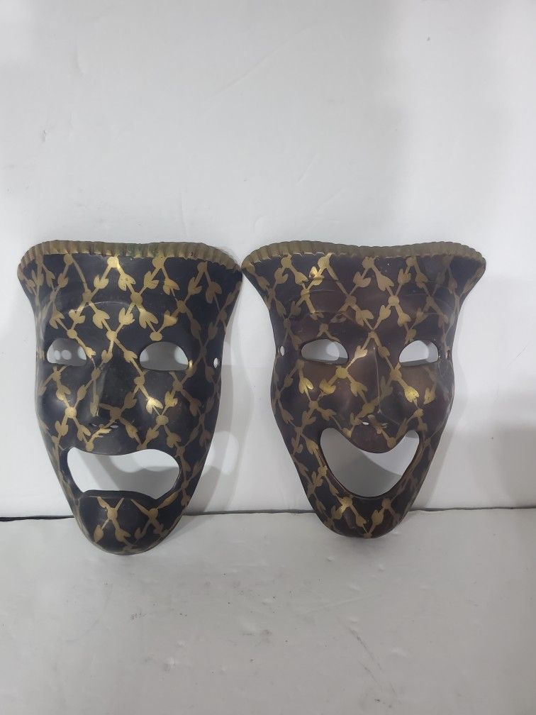 Antique Masks Tragedy And Comedy Inlayed Solid Brass