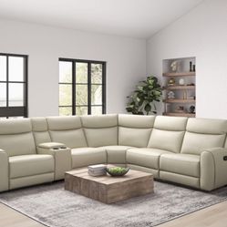 New Top Grain Leather Reclining Sectional.  Beige / Grey.  Wide Seats.  130x117x40.5H.  Free Delivery!