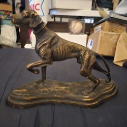 DOG Greyhound Pointer Sculpture on Metal Base, Brass bronze vintage hunting dog