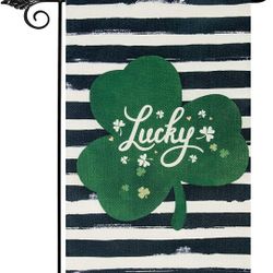 Unves St Patricks Day Garden Flag 12.5 x 18 Inch, Lucky Shamrock Garden Flag Vertical Double Sided, Stripe Welcome St Patrick's Day Flag for Spring Su