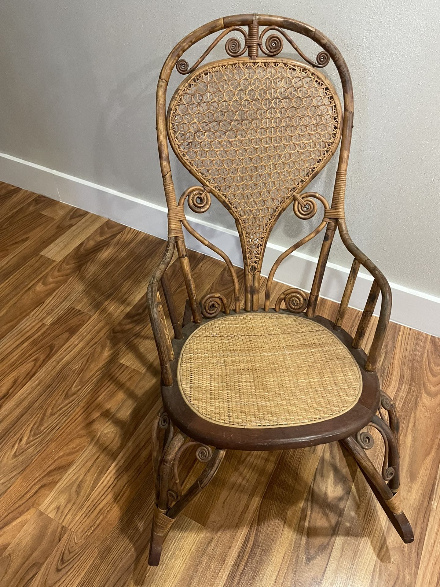 Vintage Burnt Bamboo And Cane Rocking Chair