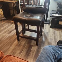 Three Leather Wooden Stools In Great Shape