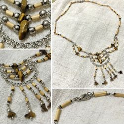 Vintage Handcrafted Tiger Eye & Bamboo Peruvian Fringe Necklace Tribal Boho