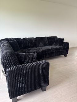 Black Fluffy Sectional Couch Delivery Available 🚚