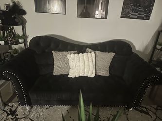 2 Piece Black Velvet Loveseat (Pillow + Rug Included)