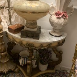 Antique Wood And Marble End Table