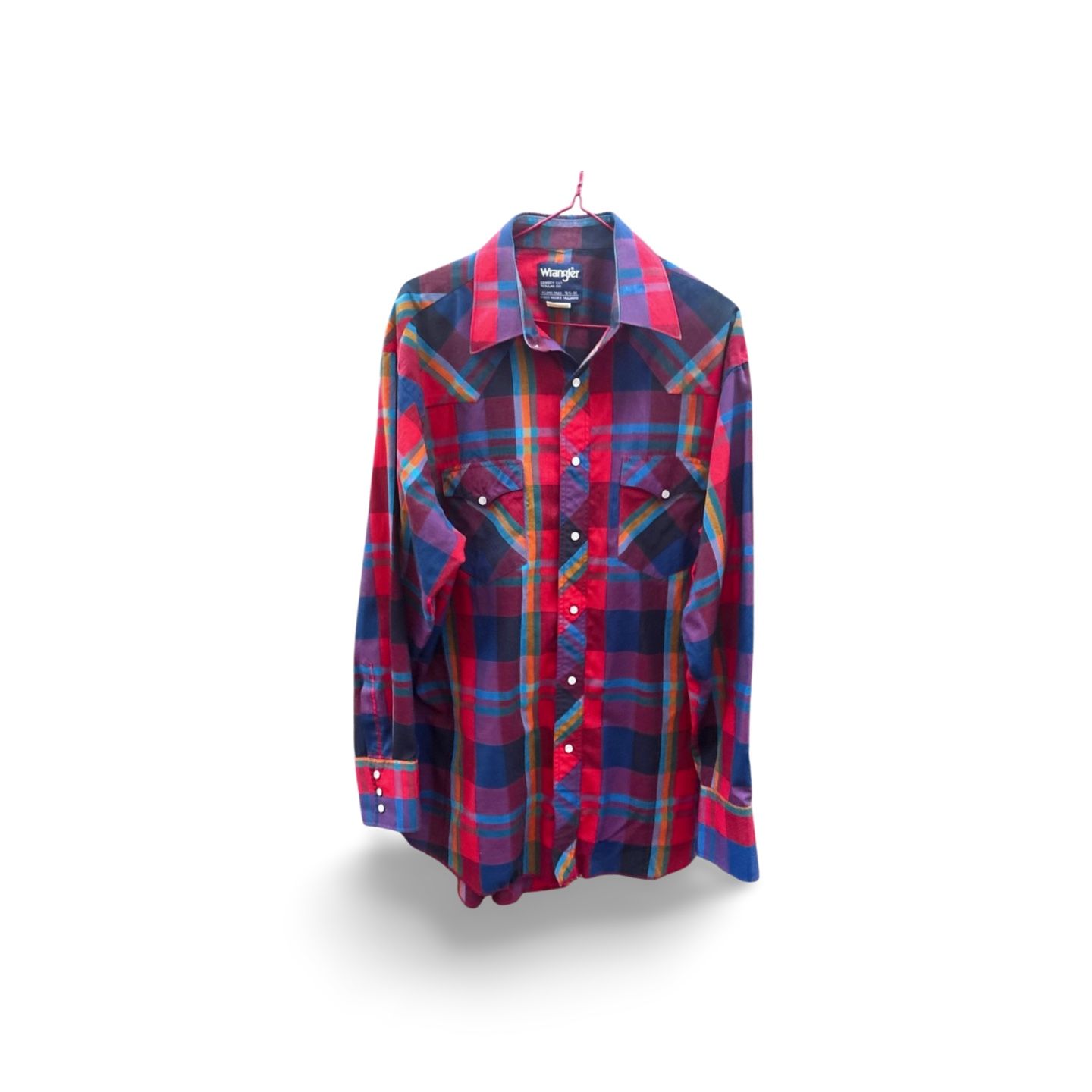 Men’s Vintage 1980s Wrangler Red & Blur Plaid Western Long Sleeve w/Pearl Snaps