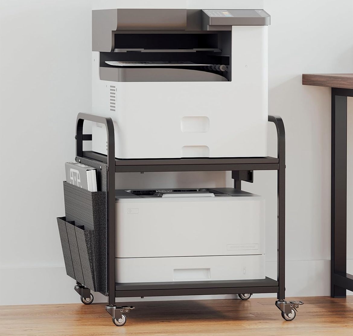 NEW Printer Stand with Storage, Height Adjustable Printer Table with Power Outlets and USB Ports, Under Desk Printer Cart with Wheels for Home Office
