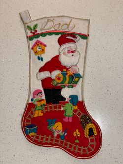 Vintage Handmade Felt Christmas Stocking Dad Santa Elves Train Sequins 19” Kitschy