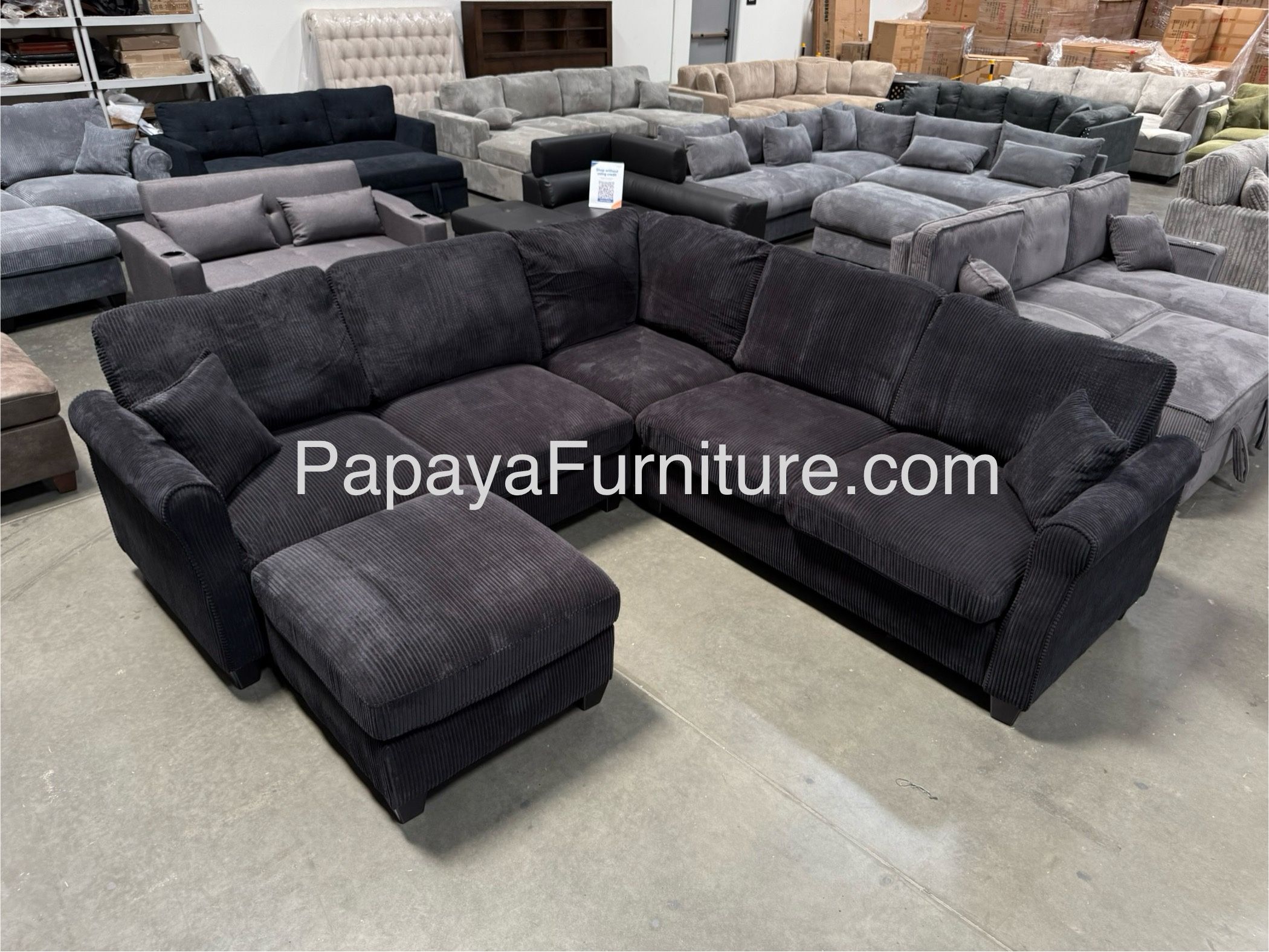 New! Black Sectional Sofa And Ottoman, Black Couch, Black Corduroy Sectional. L-Shaped Sofa, Couch, Sectionals, Black Sofa, Black Sectional,Plush Sofa