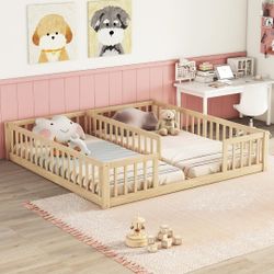 Double Floor Bed for Twins,Two Shared Beds,Twin Size Floor Bed for 2 Kids, with Guardrails, Natural