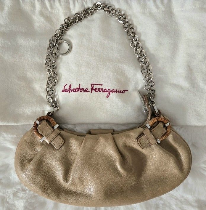 Salvatore Ferragamo Beige Leather Shoulder Bag with Double Silver Chain Straps