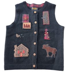 VTG Woolrich Sweater Vest Wool Cabin Tree Moose Plaid Holiday Black Small