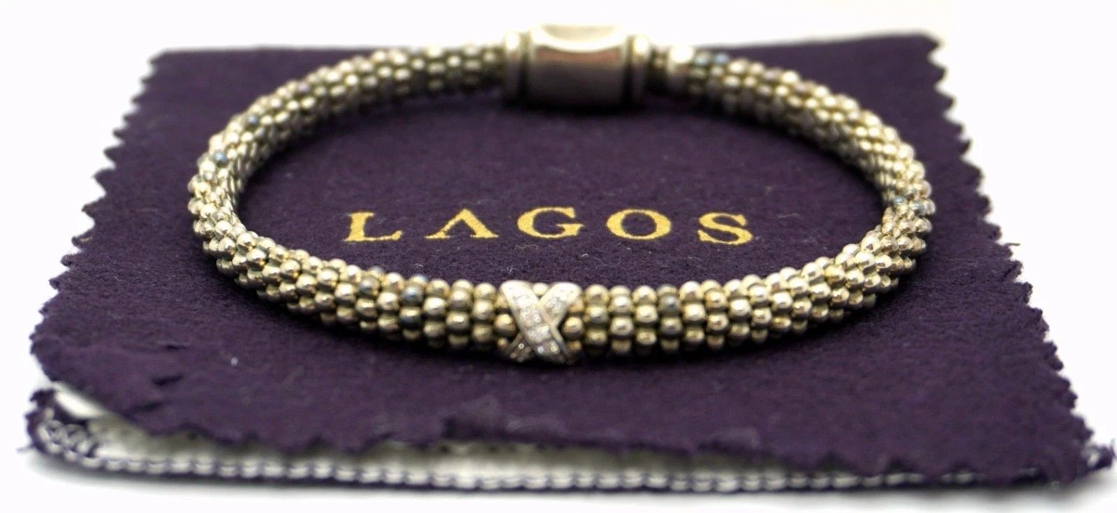 Lagos Caviar Sterling Silver "Embrace" Diamond X Bracelet 7.25"