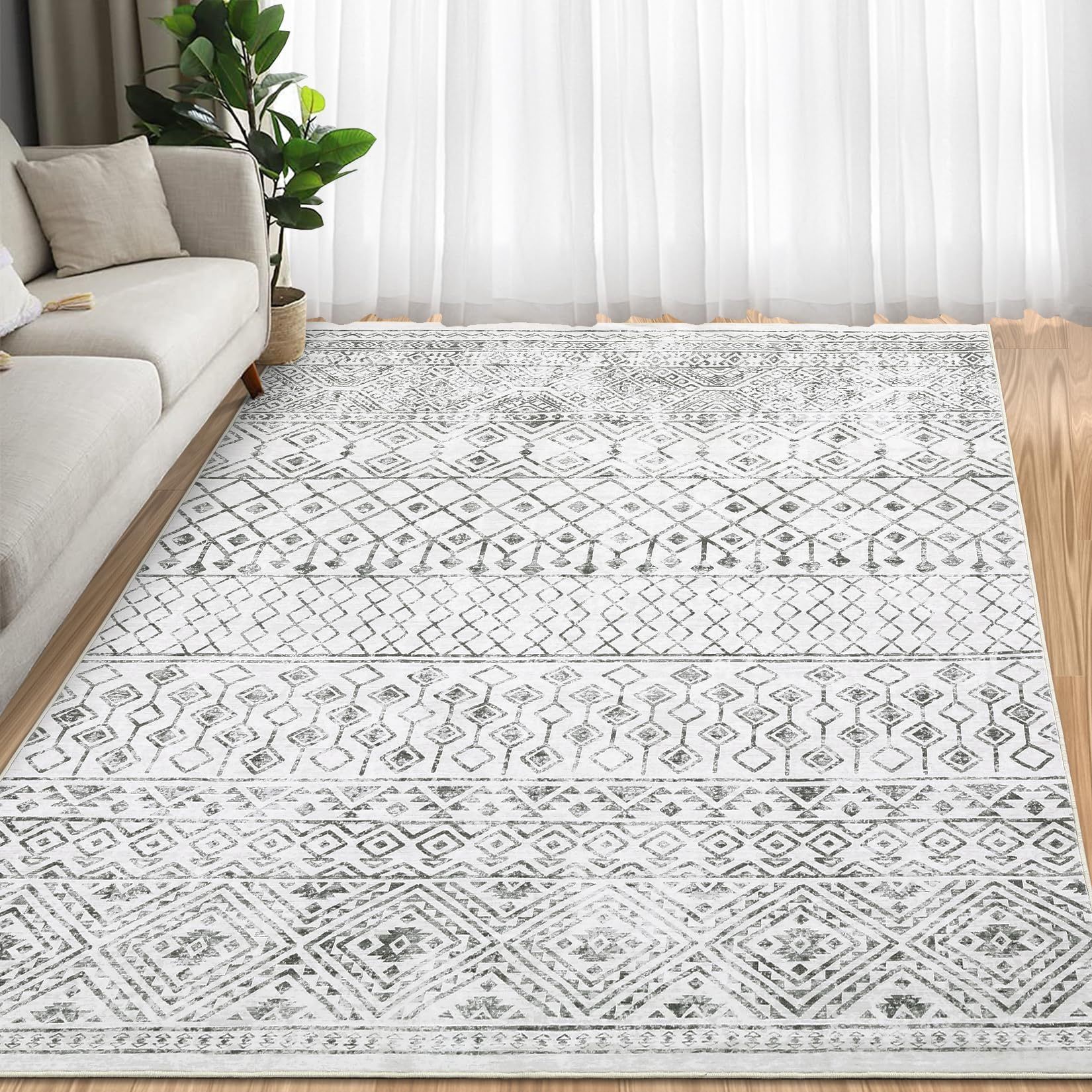 8x10 Large Ultra Soft Easy Clean Machine Washable Geometric Non-Shedding Area Rug, Gray/White, NEW