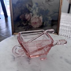 Vintage Pink Glass Wheelbarrow Planter•Candy Dish