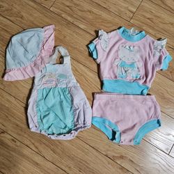 Cute Girls Vintage Sets (2) - Overalls Shorts & Hat Plus Tshirt & Shorts Set 12M