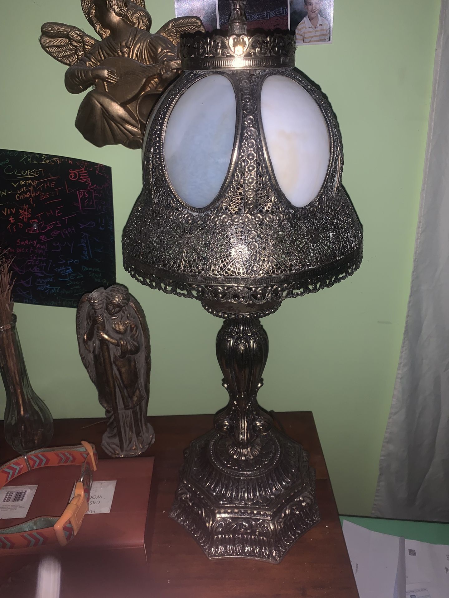 Antique 6 Panel Slag Glass Lamp