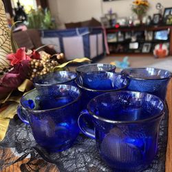 6 Forte Crisa Fortecrisa Mexico Sunflower Design Cobalt Blue Glass Cups