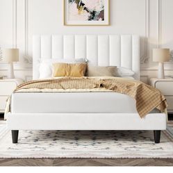 New in box Queen Bed Frame/Velvet Upholstered Bed Frame with Vertical Channel Tufted Headboard/Strong Wooden Slats/Platform Bed Frame/Mattress Foundat