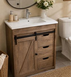 30 in. Single Sink Freestanding Antique Oak Bath Vanity with White Ceramic Top and Sliding Barn Door Unassembled