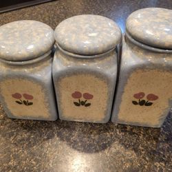 Canister set porcelain set of 3 with lids blue/white with pink roses