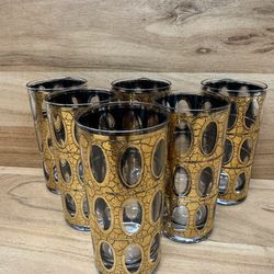 Set of Six Vintage MCM Culver PISA Highball Cocktail Glasses-Barware 22kt Gold & Green