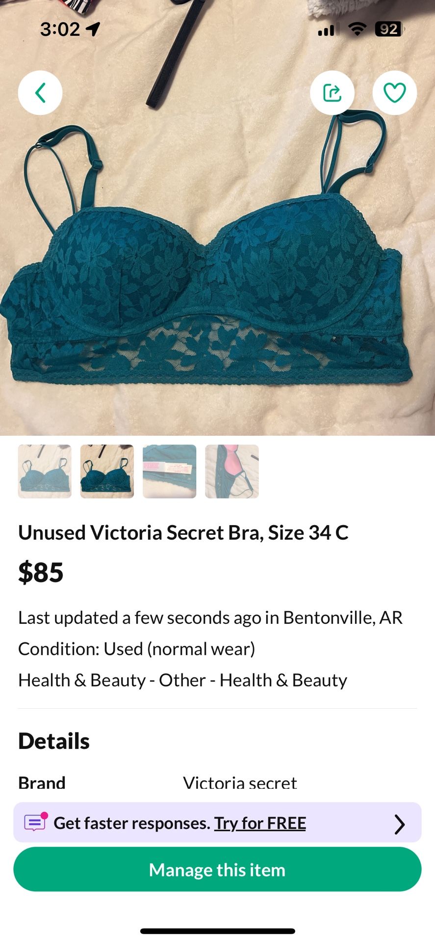 TEAL - Unused Victoria Secret Bra, Size 34 C