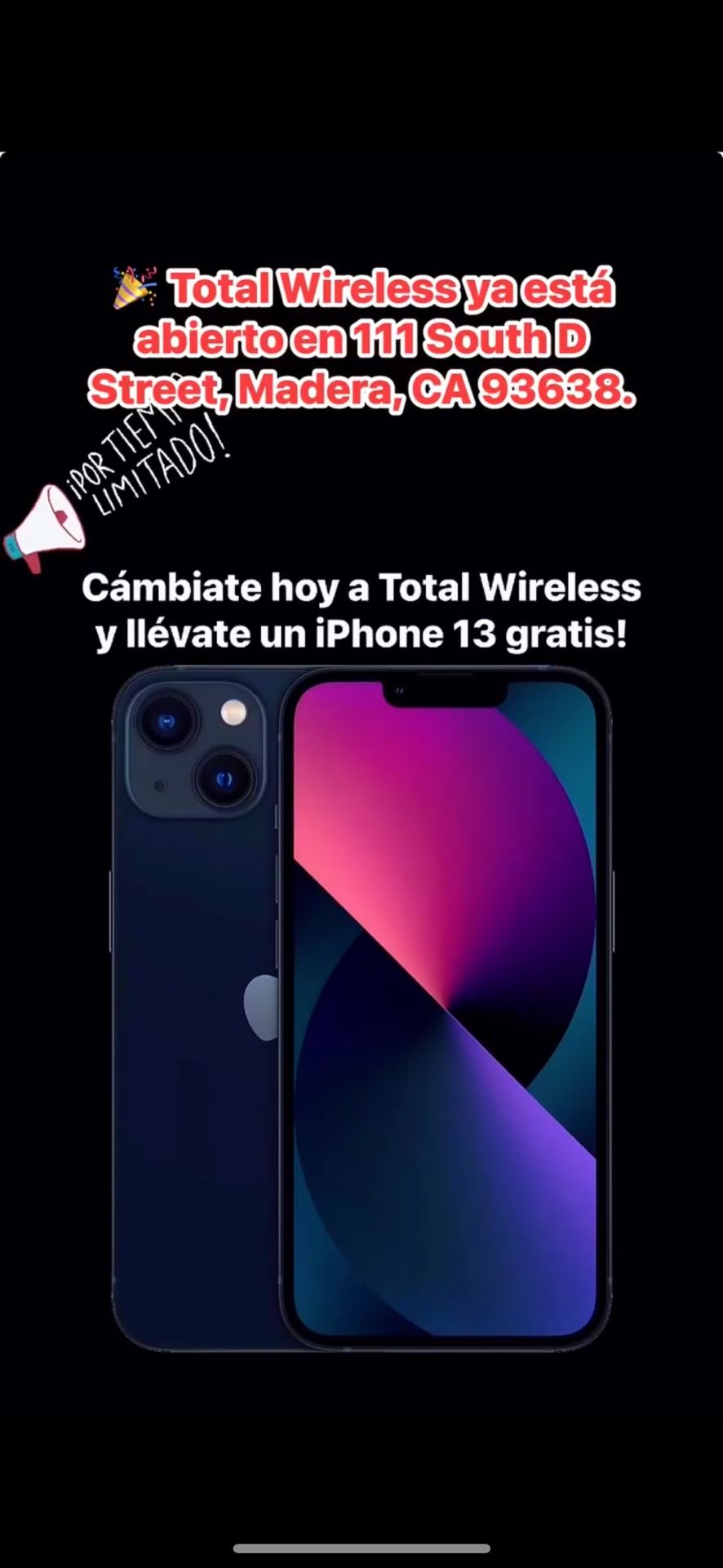 🎉 Total Wireless ya está abierto en ciento once South D Street, Madera, CA noventa y tres mil seiscientos treinta y ocho