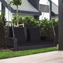 2-Seat Patio Rattan Porch Swing with Two Solid Steel Chains