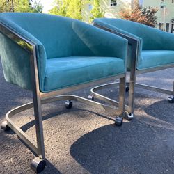 Pair-Set Of 2 Milo Baughman Design Institute America Vintage Mid Century Chairs Rolling Barrel Club Lounge Chrome 