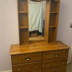6-Drawer Oak Dresser With Mirror & 4 Open Shelfs  Amish Style 