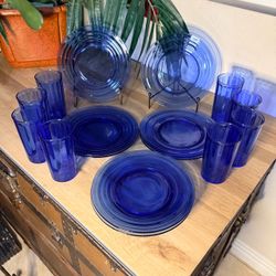 Vintage Hazel-Atlas Moderntone Cobalt Blue Depression Glass Set of 16 • 1930s Plates & Tumblers