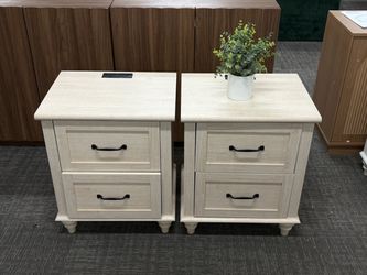 Set of 2, Farmhouse Nightstands with 2 spacious drawers, smooth metal slides, built-in charging station with 2 outlets + 2 USB ports, black handles, a