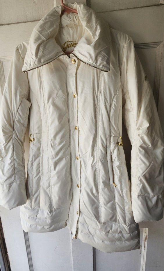 GUESS ADULT MOCK NECK  OFF WHITE  LONG PUFFER  COAT /JACKET  