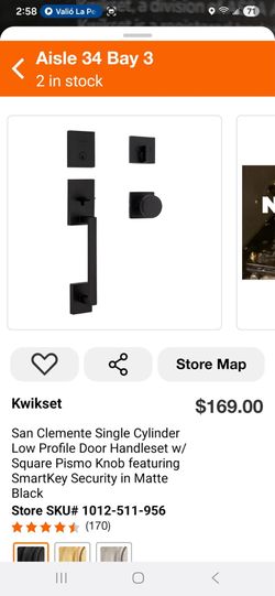 San Clemente Single Cylinder Low Profile Door Handleset w/ Square Pismo Knob featuring SmartKey Security in Matte Black
