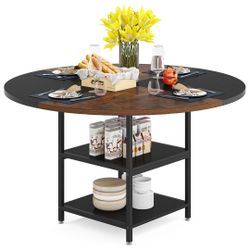 New Round Dining Table, 47" Kitchen Dinner Table with Storage Shelf