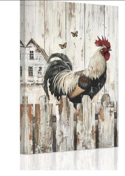 Rooster Canvas Wall Art Barn Pictures Chicken Painting Farm Animal Art Prints Old Farmhouse Kitchen Wall Decor Framed (16.00" x 24.00")