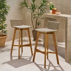 2pk La Brea Acacia Wood & Wicker PatioBarstools Brown / Teak - Christopher Knight Home 