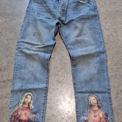 MNML Jesus and Mary Religion 38 Denim Jeans Straight Leg