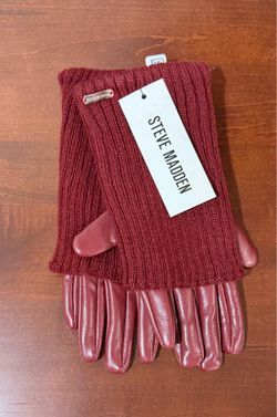 Steve Madden Women's Rib-Knit Cuff Faux-Leather Gloves Red