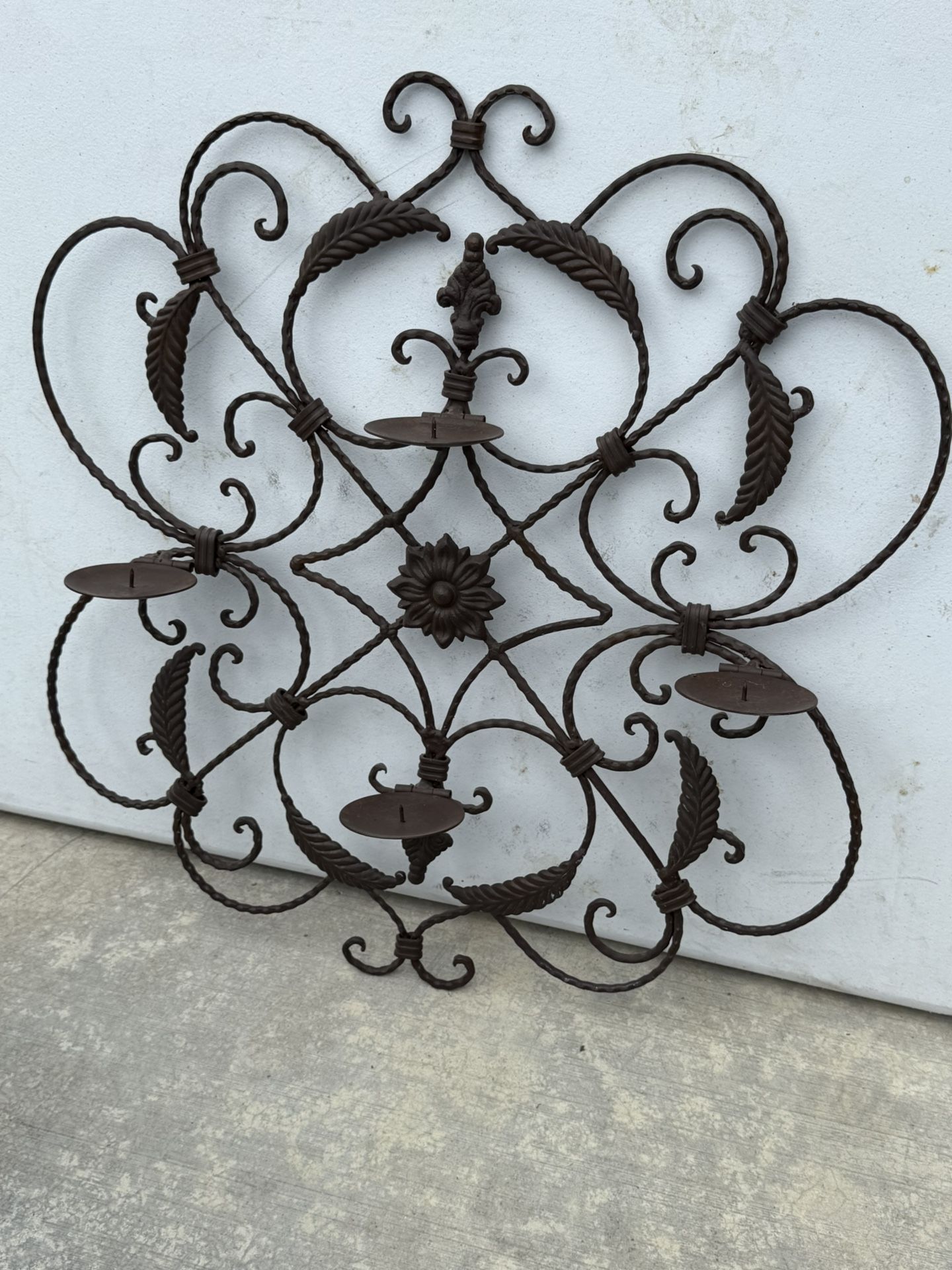 Vintage Wrought Iron 4 Hinged Pillar Candle Holder Braided Metal