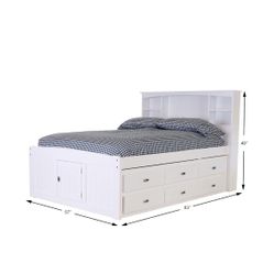 White Full Bookcase Bed with 12 Drawers