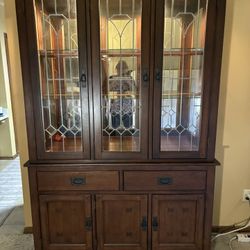 Dining Room Set & China Cabinet Mission Oak  Hutch size 81”tall x 54”wide x 17”deep.  Hutch lights up by tapping on side. Table size 66” long x42” wid