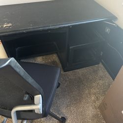 Black Desk, Chair, And Chair Mat