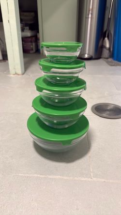 Glass Food Storage Bowls with Green Lids Set of 5