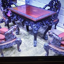 Antique 19c. Japanese wood carved scrolling Iris & Dragons set Table & 4 Armchairs